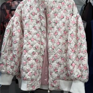 MARBLE White Quilted Bomber Jacket with Pink Floral Print